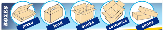 boxes for pizza, food, drinks, ceramics, shoes